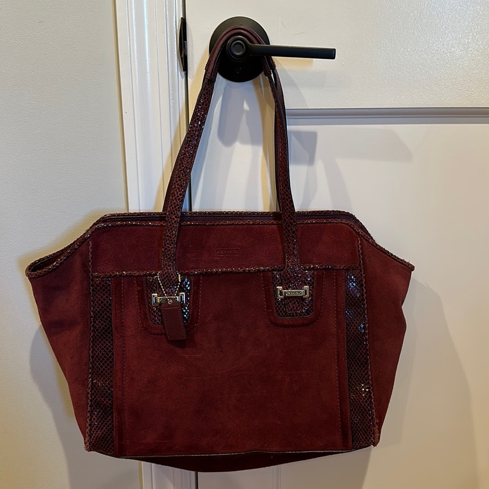 Deep Plum Suede Coach Tote with faux snake skin detail